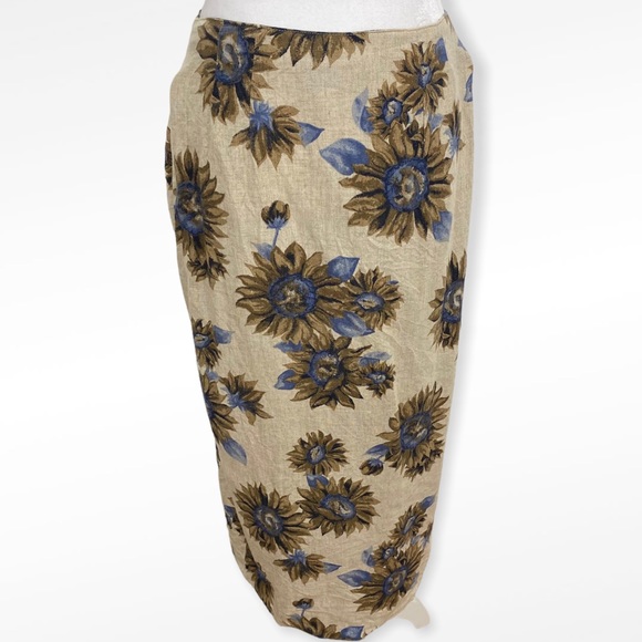 Vintage Tan Blue Linen Blend Floral Wrap Front Skirt - Picture 2 of 7
